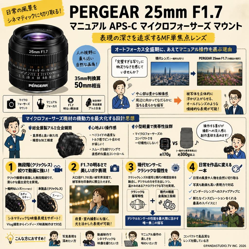 PERGEAR 25mm F1.7 マニュアル APS-C マイクロフォーサーズ マウント 概要