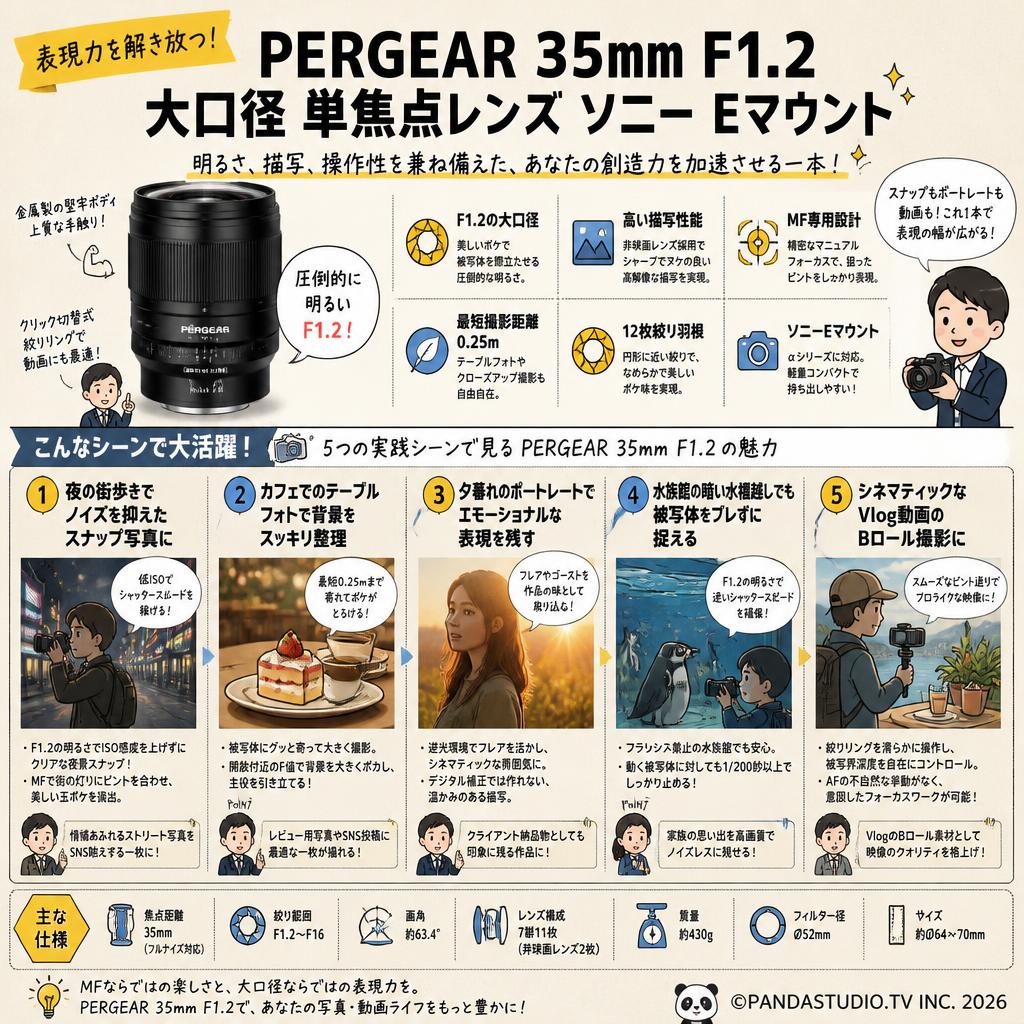 PERGEAR 35mm F1.2 大口径 単焦点レンズ ソニー Eマウント 用途