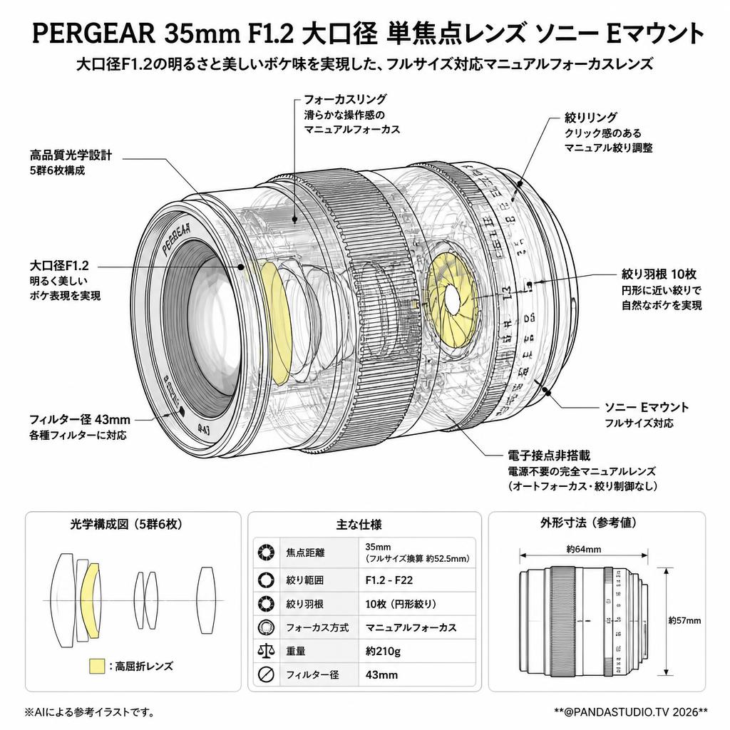 PERGEAR 35mm F1.2 大口径 単焦点レンズ ソニー Eマウント スペック