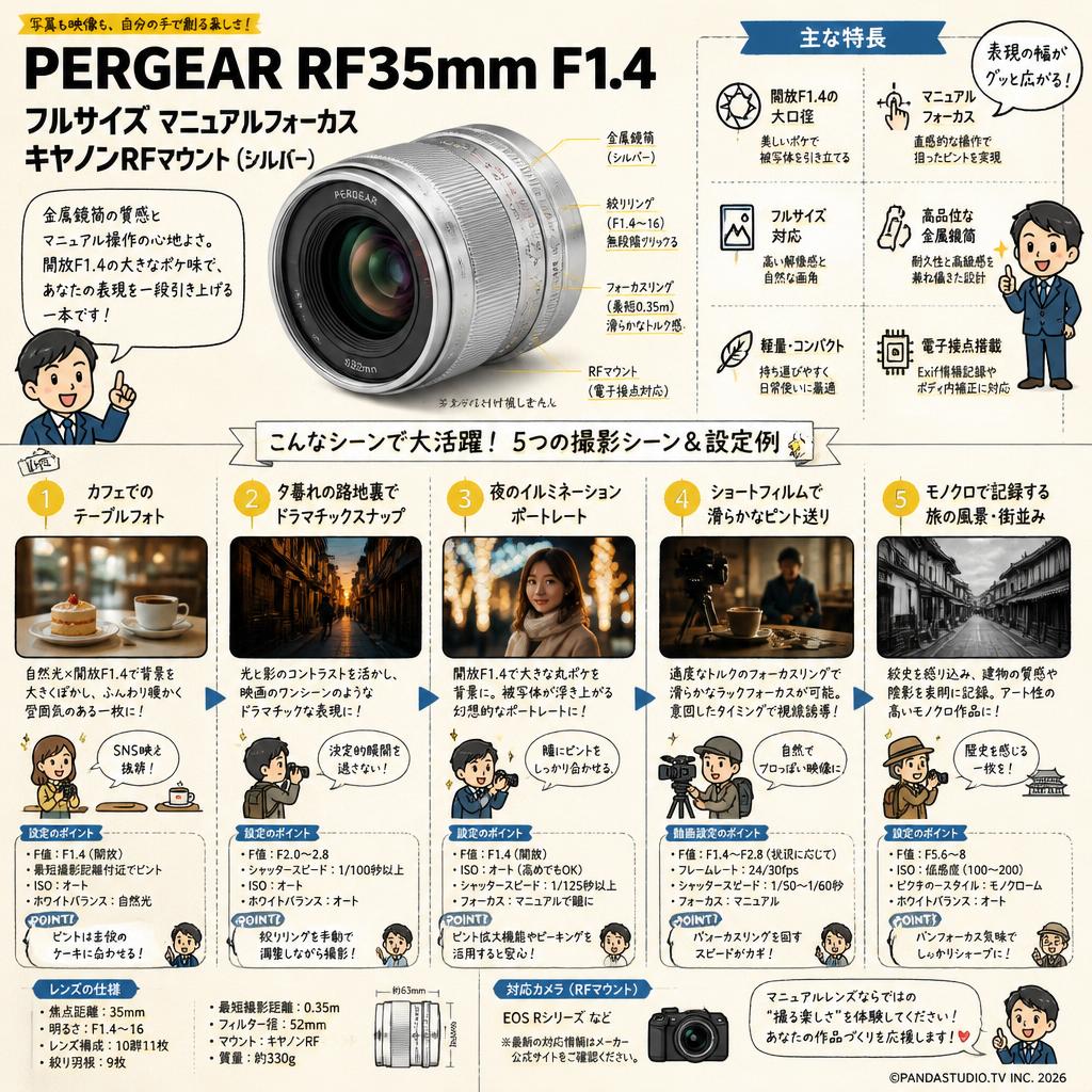 PERGEAR RF35mm F1.4 フルサイズ マニュアルフォーカス キヤノン RFマウント（シルバー） 用途