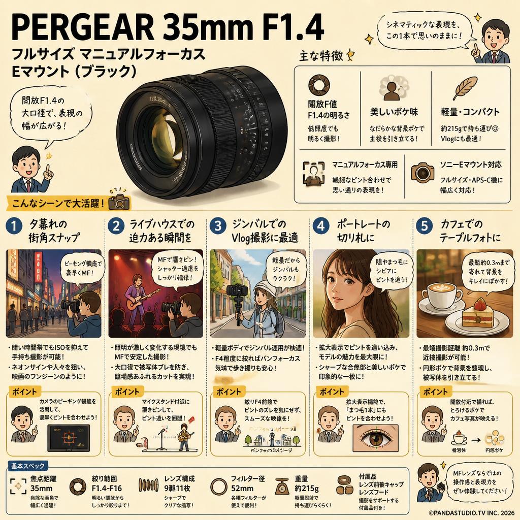 PERGEAR 35mm F1.4 フルサイズ マニュアルフォーカス Eマウント（ブラック） 用途