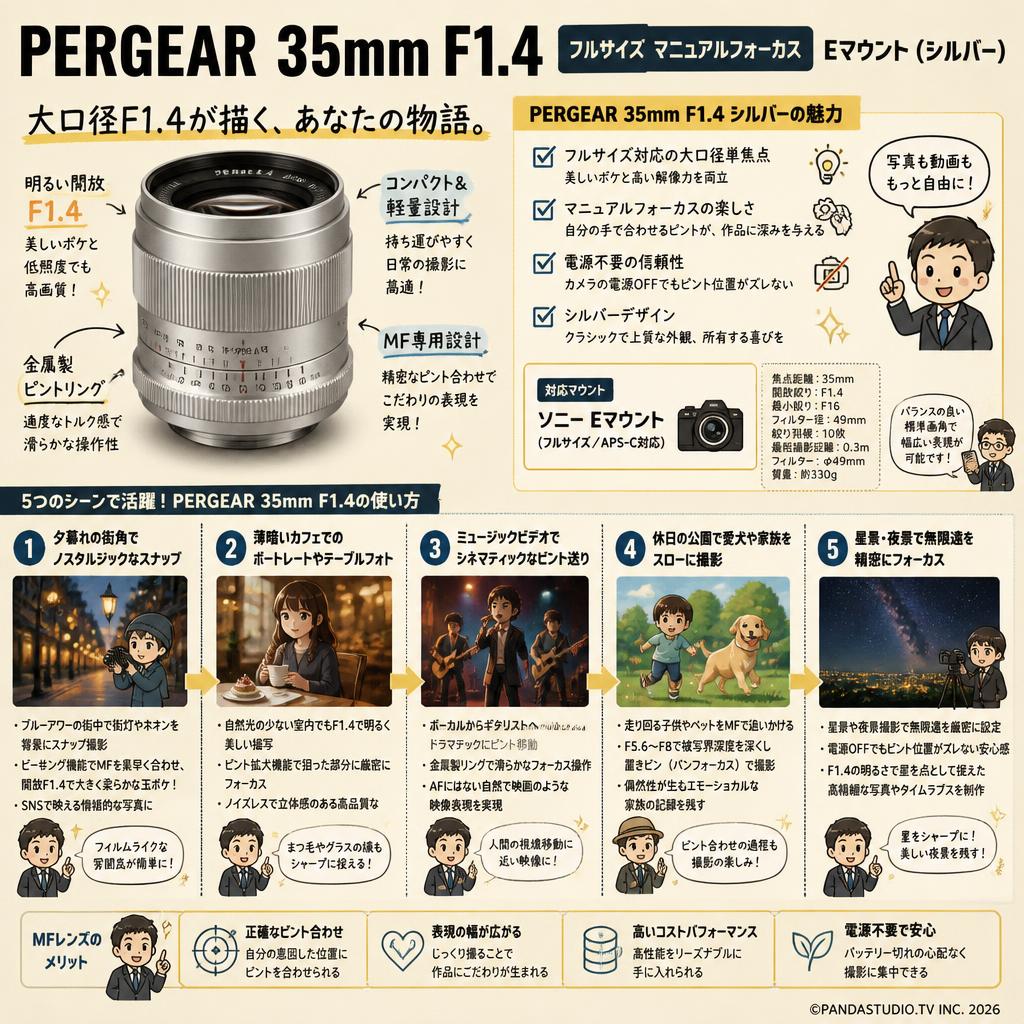 PERGEAR 35mm F1.4 フルサイズ マニュアルフォーカス Eマウント（シルバー） 用途