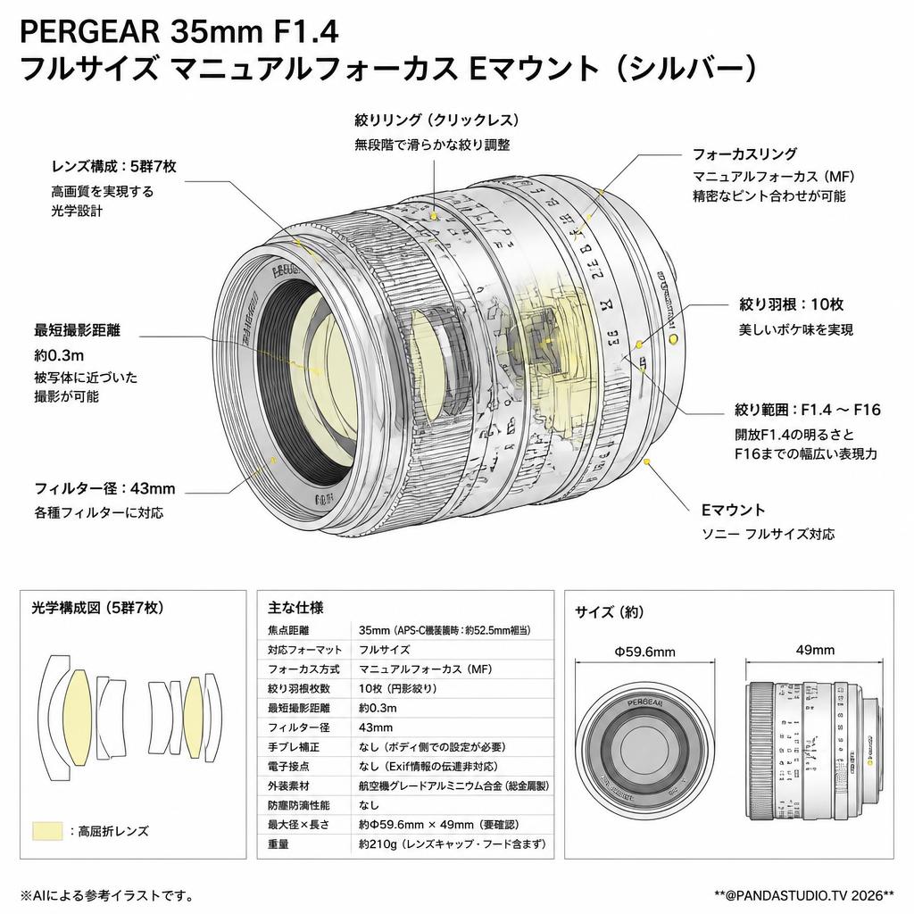 PERGEAR 35mm F1.4 フルサイズ マニュアルフォーカス Eマウント（シルバー） スペック