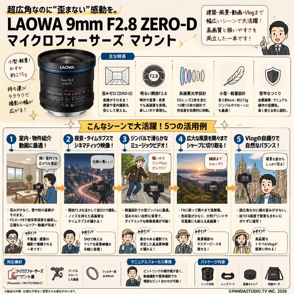 LAOWA 9mm F2.8 ZERO-D マイクロフォーサーズ マウント 用途
