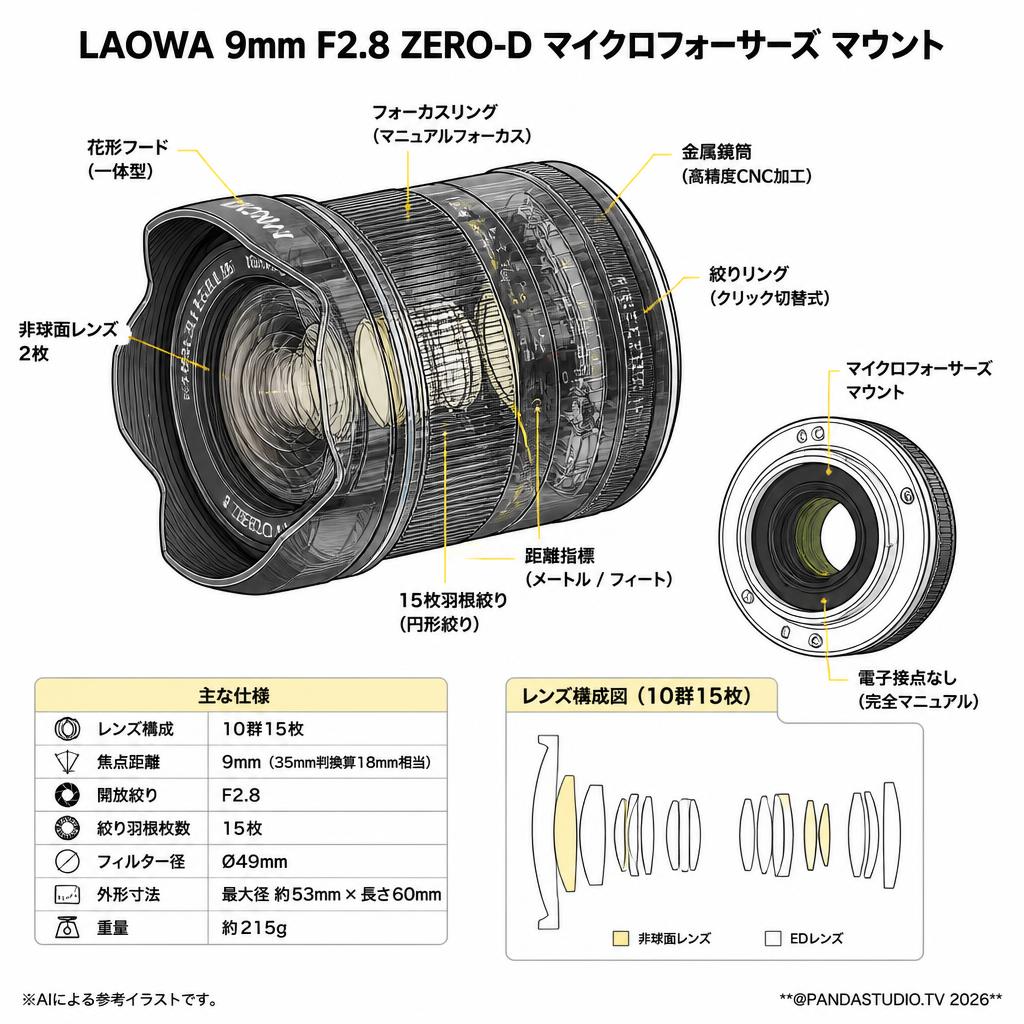 LAOWA 9mm F2.8 ZERO-D マイクロフォーサーズ マウント スペック
