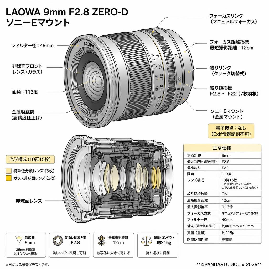 LAOWA 9mm F2.8 ZERO-D ソニーEマウント スペック