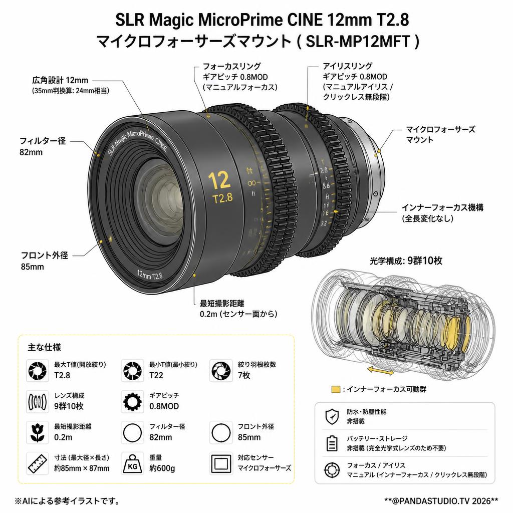 SLR Magic MicroPrime CINE 12mm T2.8 マイクロフォーサーズマウント ( SLR-MP12MFT ) スペック