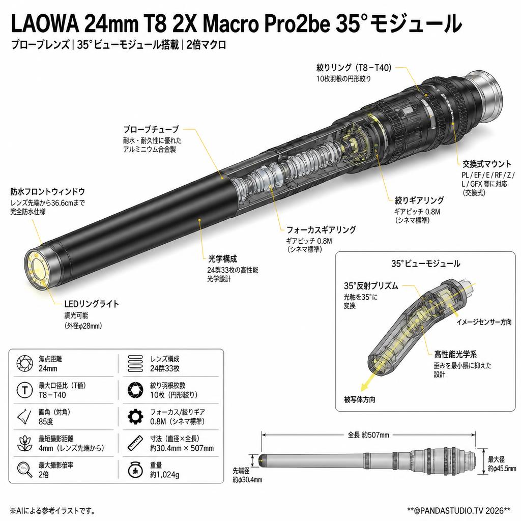LAOWA 24mm T8 2X Macro Pro2be 35°モジュール スペック
