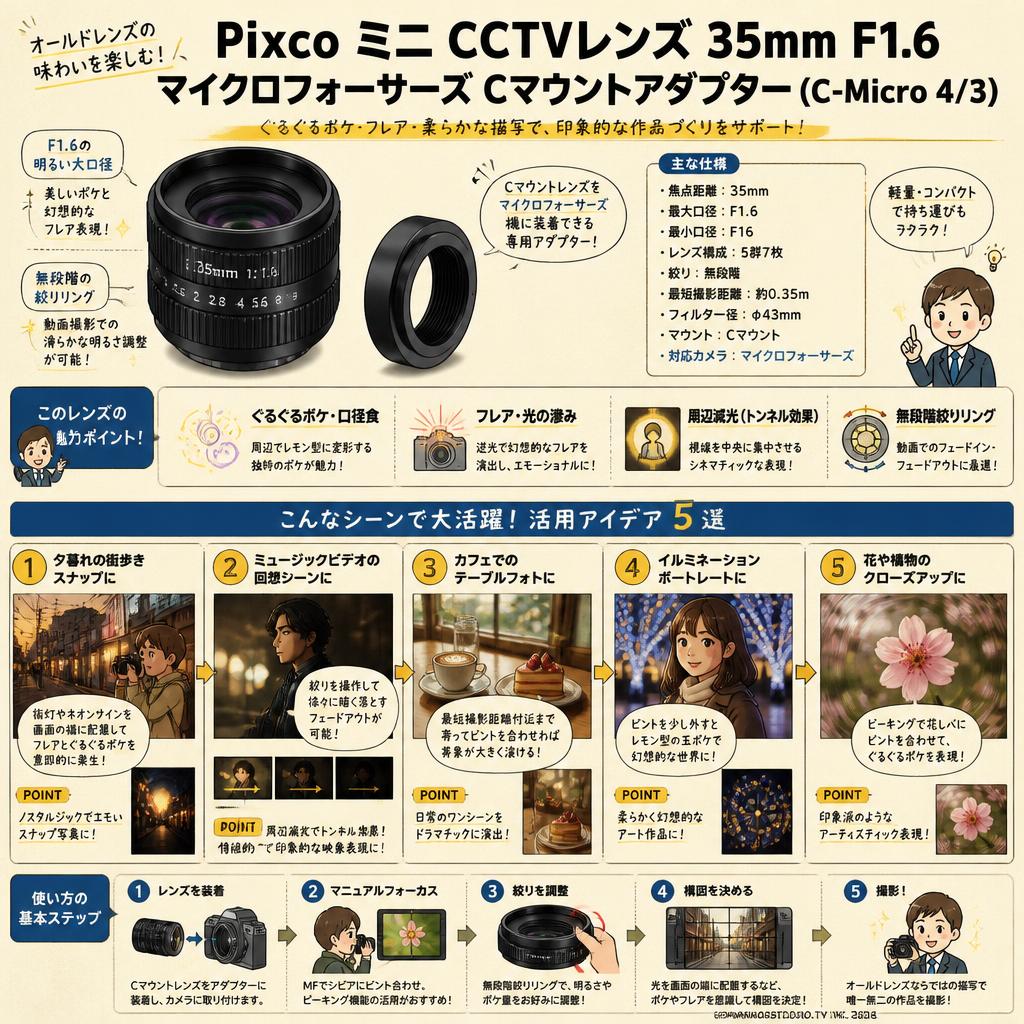 Pixco Mini CCTVレンズ 35mm F1.6マイクロフォーサーズ Cマウントアダプター(C-Micro 4/3) 用途