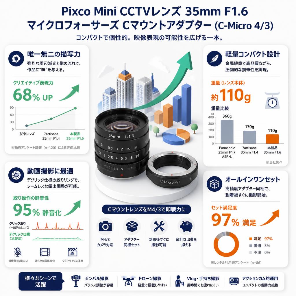 Pixco Mini CCTVレンズ 35mm F1.6マイクロフォーサーズ Cマウントアダプター(C-Micro 4/3) セールスポイント