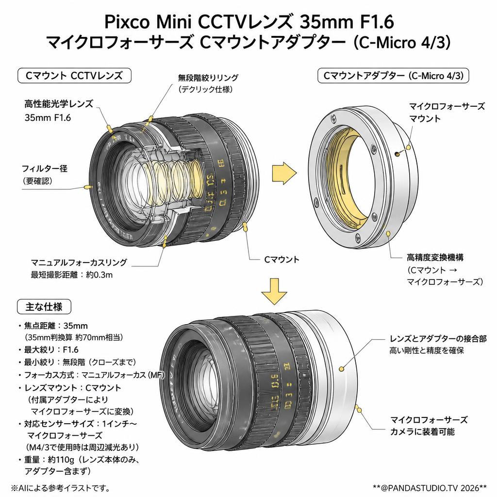 Pixco Mini CCTVレンズ 35mm F1.6マイクロフォーサーズ Cマウントアダプター(C-Micro 4/3) スペック