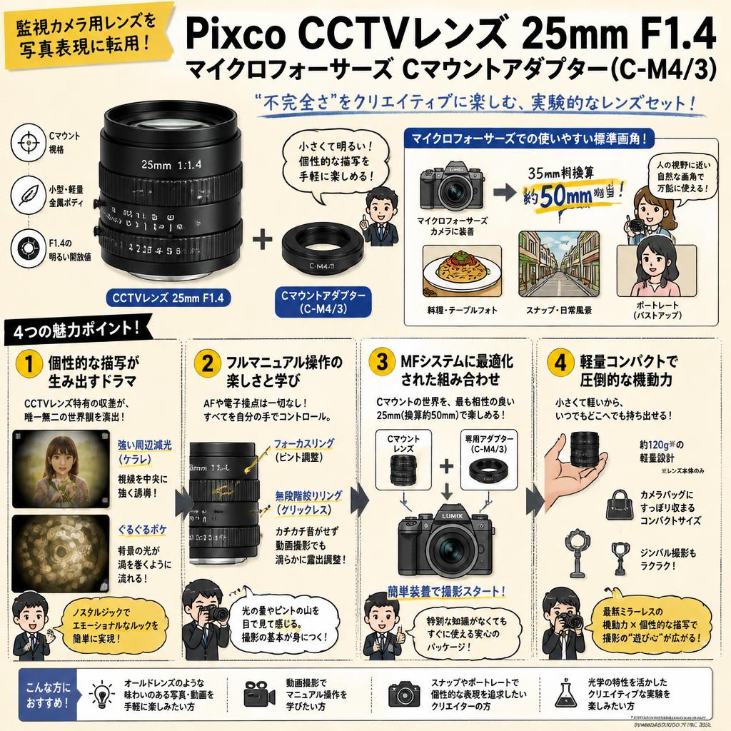 Pixco CCTVレンズ  25mm F1.4 マイクロフォーサーズ Cマウントアダプター(C-M4/3) 概要