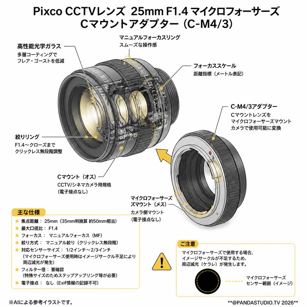 Pixco CCTVレンズ  25mm F1.4 マイクロフォーサーズ Cマウントアダプター(C-M4/3) スペック