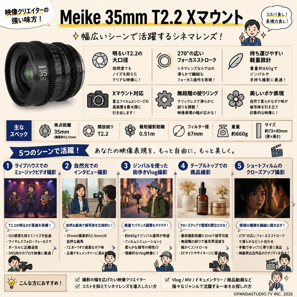 Meike 35mm T2.2 Xマウント 用途