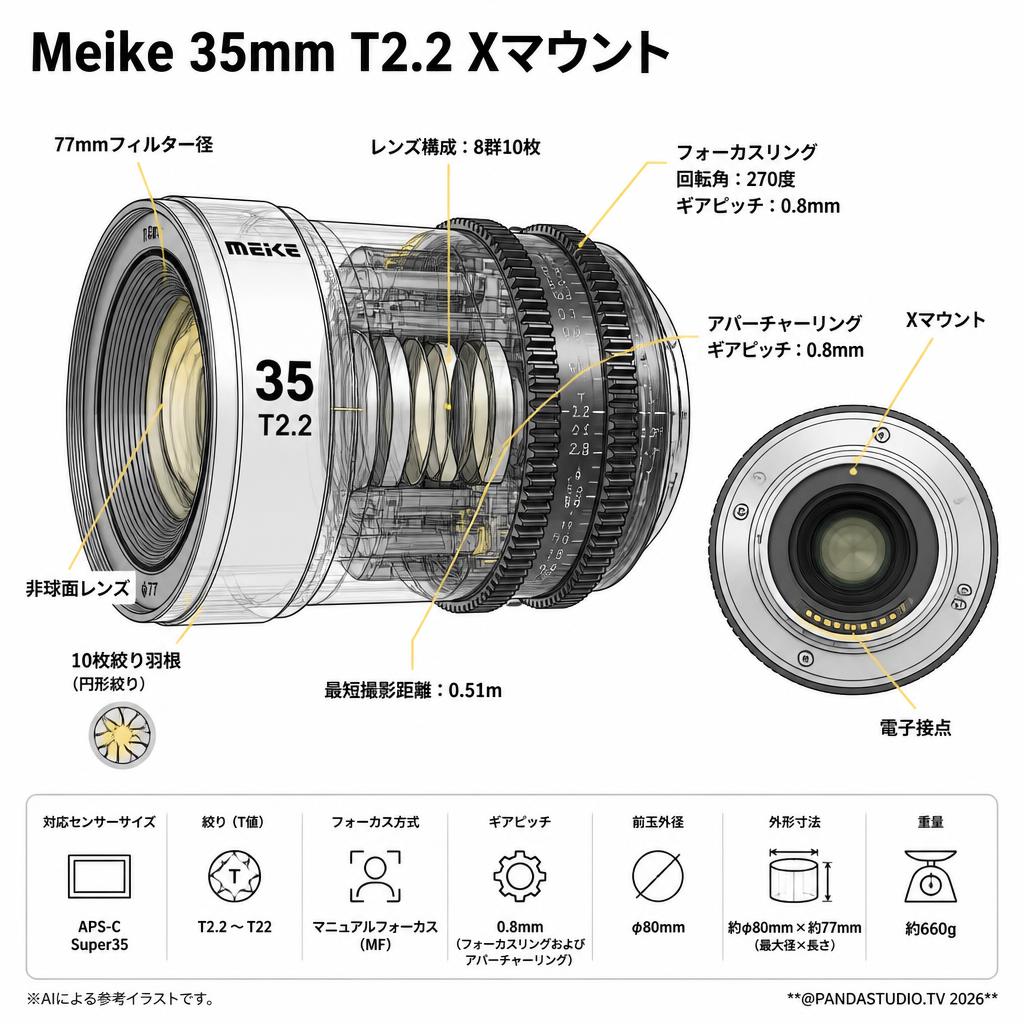 Meike 35mm T2.2 Xマウント スペック