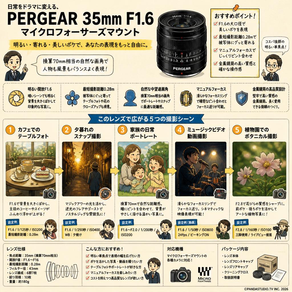 PERGEAR 35mm F1.6  マイクロフォーサーズマウント 用途