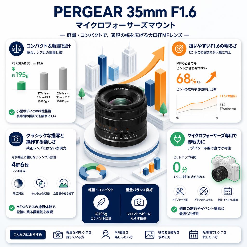 PERGEAR 35mm F1.6  マイクロフォーサーズマウント セールスポイント