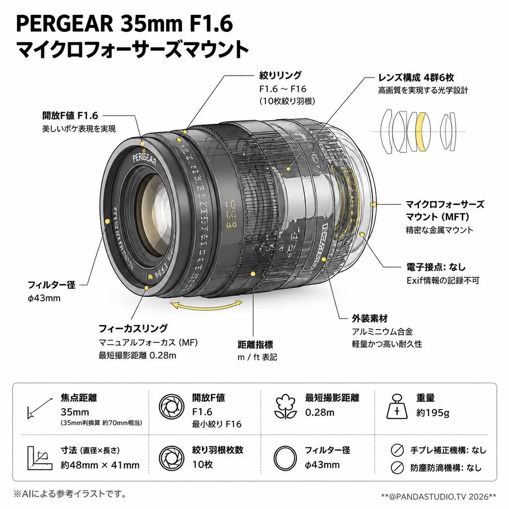 PERGEAR 35mm F1.6  マイクロフォーサーズマウント スペック