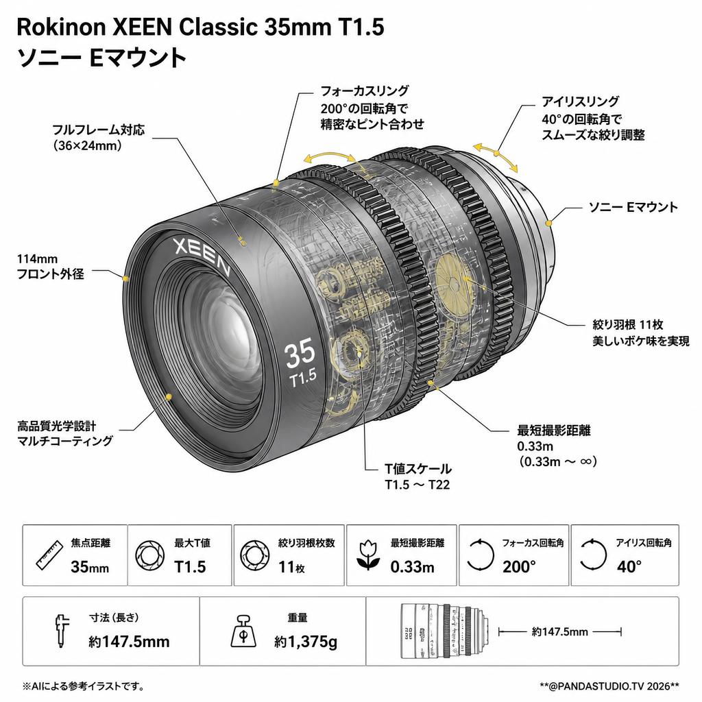 Rokinon XEEN Classic 35mm T1.5 ソニー Eマウント スペック