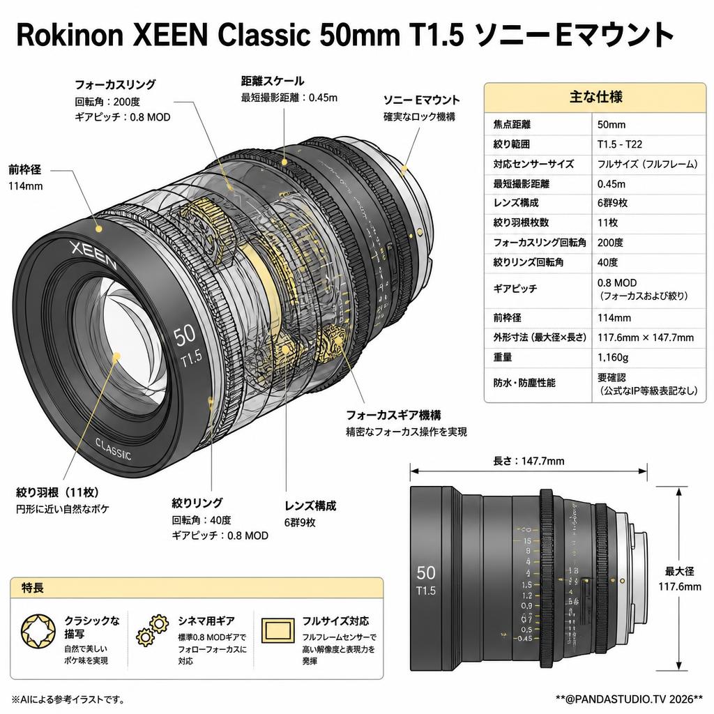 Rokinon XEEN Classic 50mm T1.5 ソニー Eマウント スペック