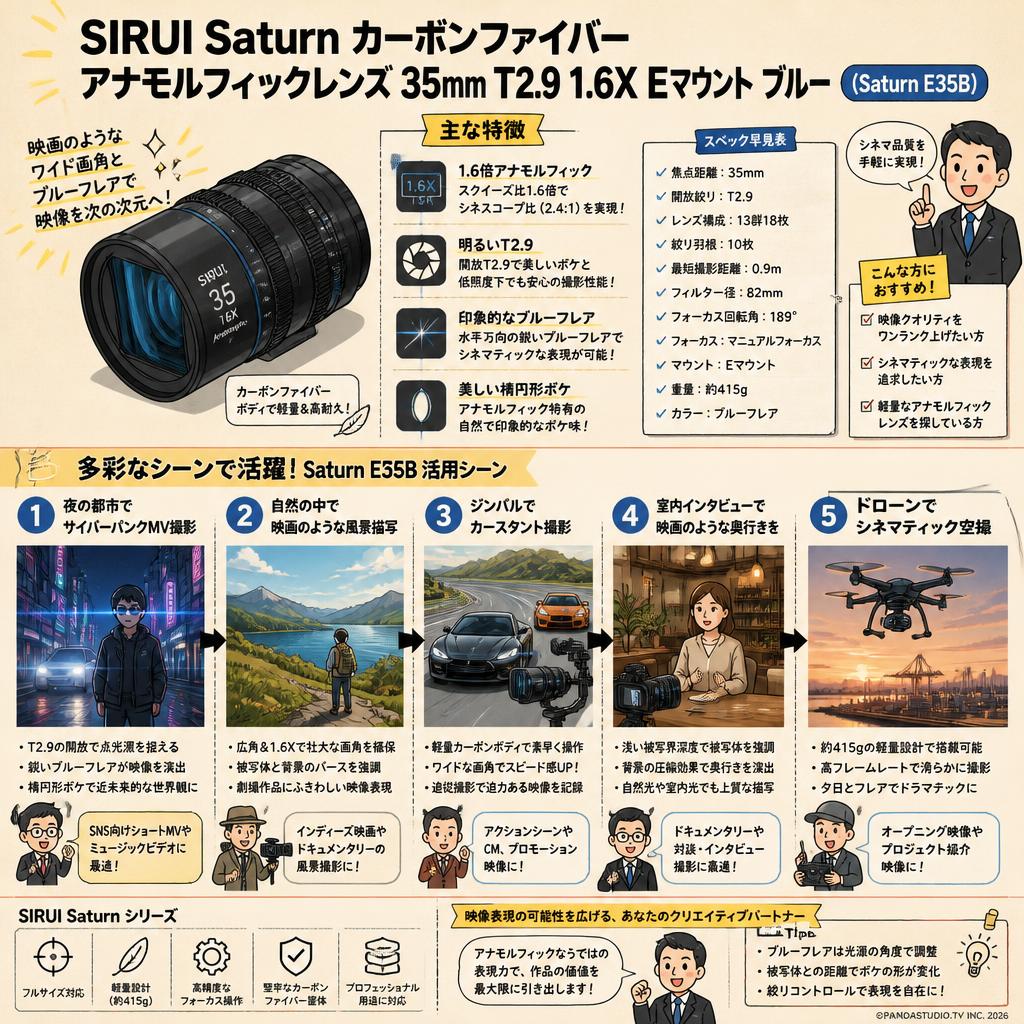 SIRUI Saturn カーボンファイバー アナモルフィックレンズ 35mm T2.9 1.6X  Eマウント ブルー ( Saturn E35B ) 用途