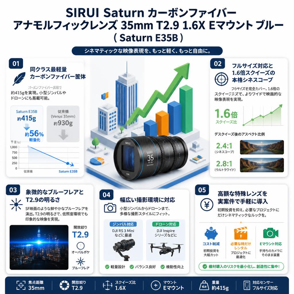 SIRUI Saturn カーボンファイバー アナモルフィックレンズ 35mm T2.9 1.6X  Eマウント ブルー ( Saturn E35B ) セールスポイント
