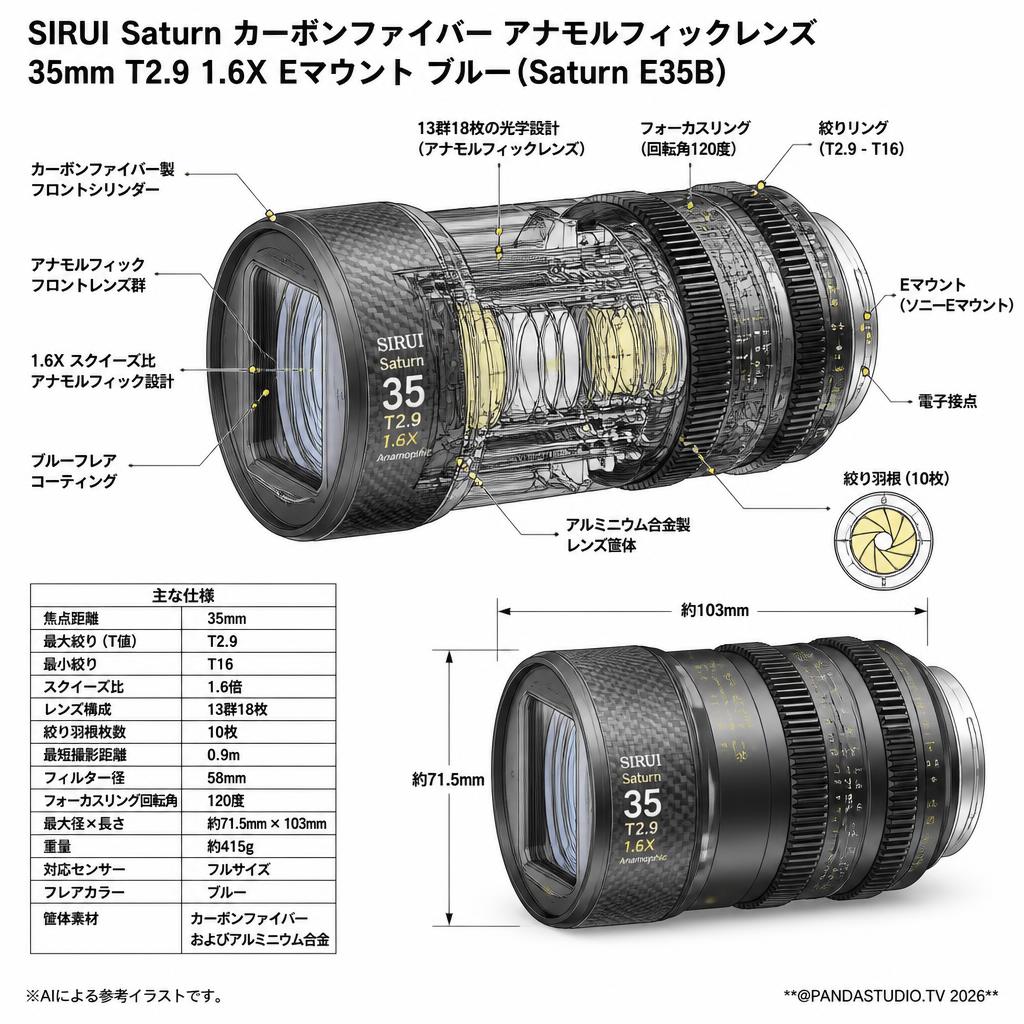 SIRUI Saturn カーボンファイバー アナモルフィックレンズ 35mm T2.9 1.6X  Eマウント ブルー ( Saturn E35B ) スペック
