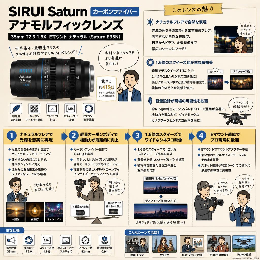 SIRUI Saturn カーボンファイバー アナモルフィックレンズ 35mm T2.9 1.6X  Eマウント ナチュラル ( Saturn E35N) 概要