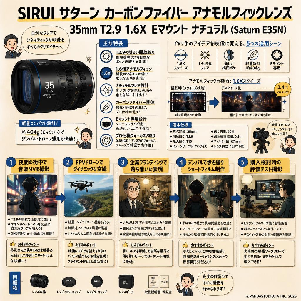 SIRUI Saturn カーボンファイバー アナモルフィックレンズ 35mm T2.9 1.6X  Eマウント ナチュラル ( Saturn E35N) 用途