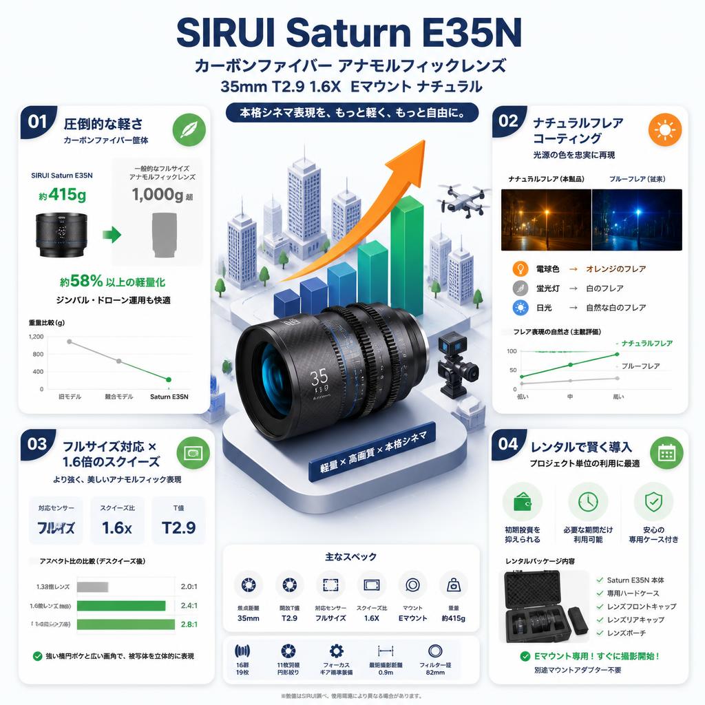 SIRUI Saturn カーボンファイバー アナモルフィックレンズ 35mm T2.9 1.6X  Eマウント ナチュラル ( Saturn E35N) セールスポイント