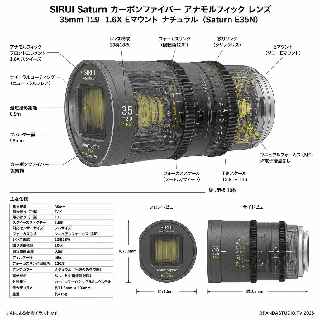 SIRUI Saturn カーボンファイバー アナモルフィックレンズ 35mm T2.9 1.6X  Eマウント ナチュラル ( Saturn E35N) スペック