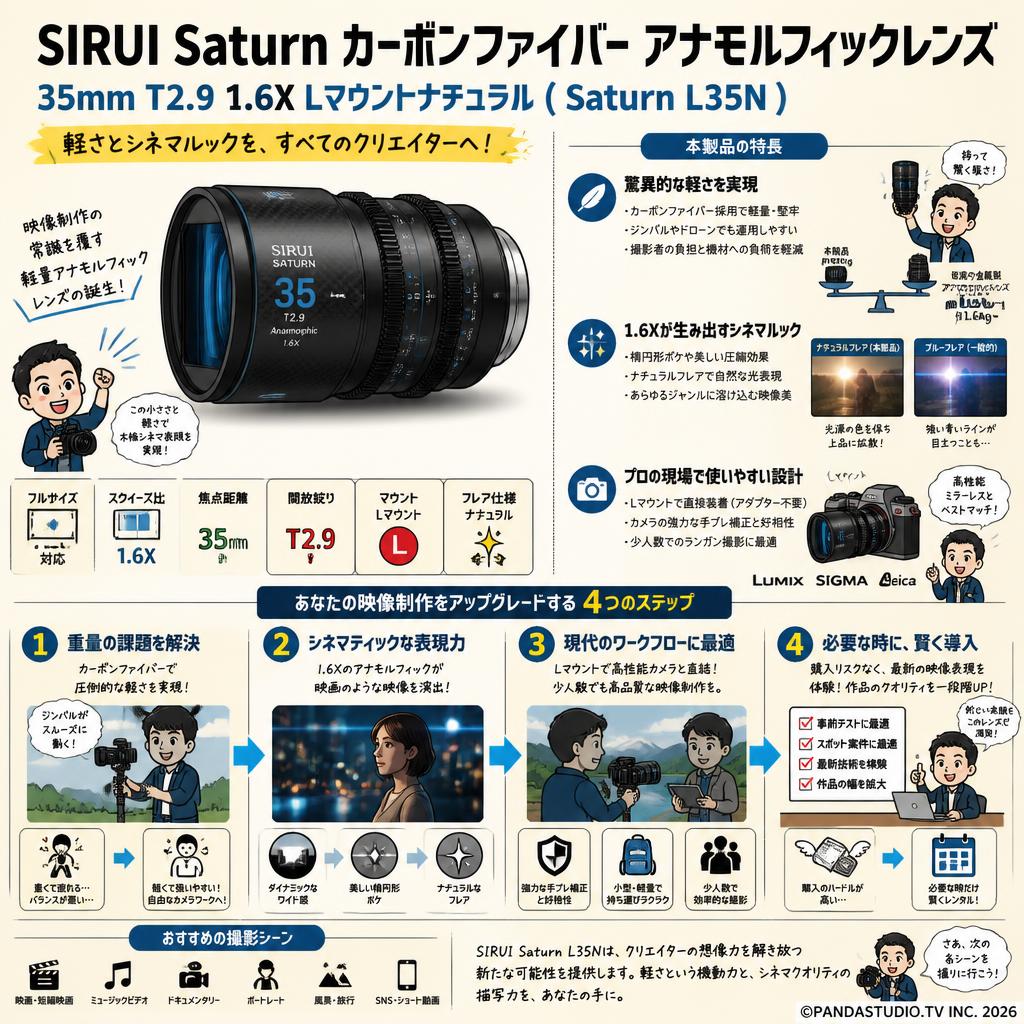 SIRUI Saturn カーボンファイバー アナモルフィックレンズ 35mm T2.9 1.6X  Lマウントナチュラル  ( Saturn L35N ) 概要