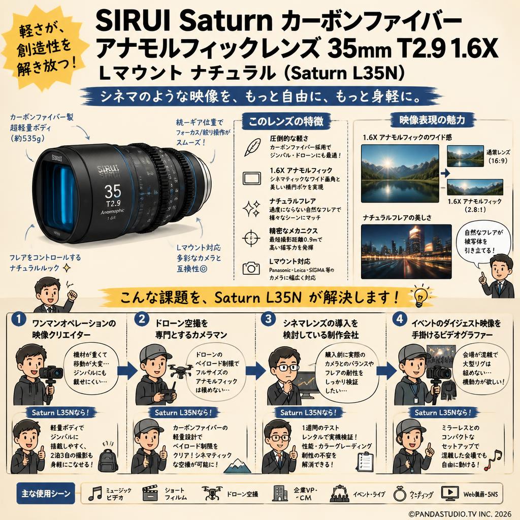 SIRUI Saturn カーボンファイバー アナモルフィックレンズ 35mm T2.9 1.6X  Lマウントナチュラル  ( Saturn L35N ) おもな対象のお客様