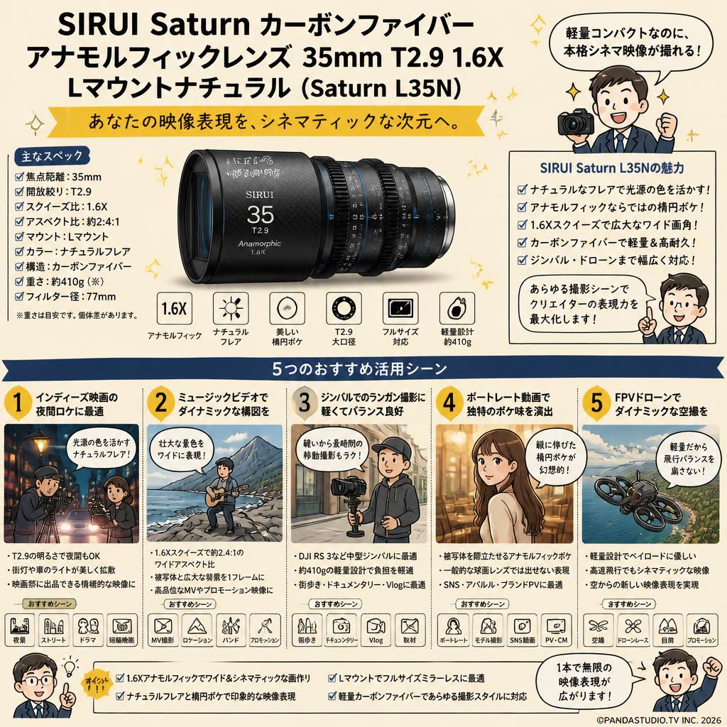 SIRUI Saturn カーボンファイバー アナモルフィックレンズ 35mm T2.9 1.6X  Lマウントナチュラル  ( Saturn L35N ) 用途
