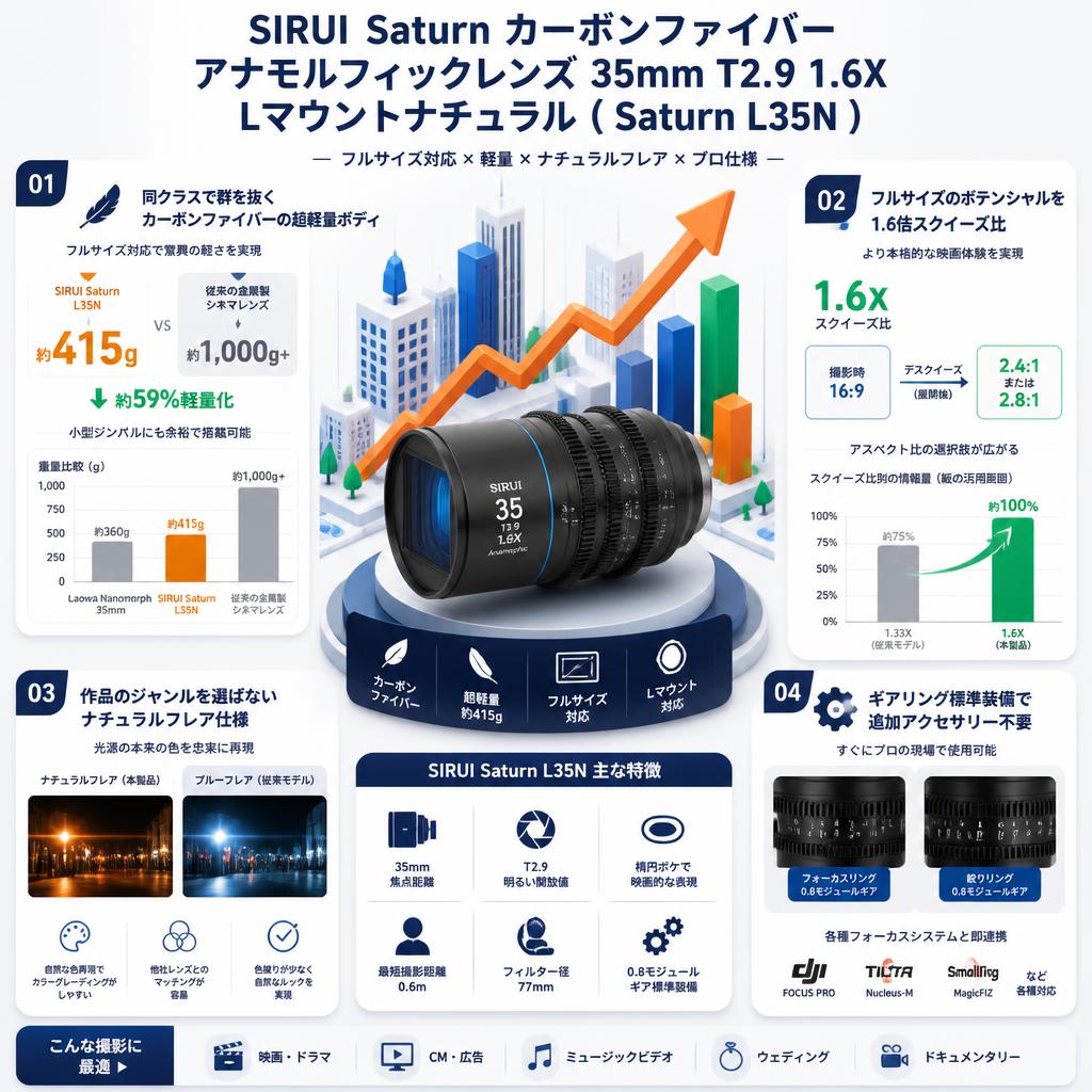SIRUI Saturn カーボンファイバー アナモルフィックレンズ 35mm T2.9 1.6X  Lマウントナチュラル  ( Saturn L35N ) セールスポイント