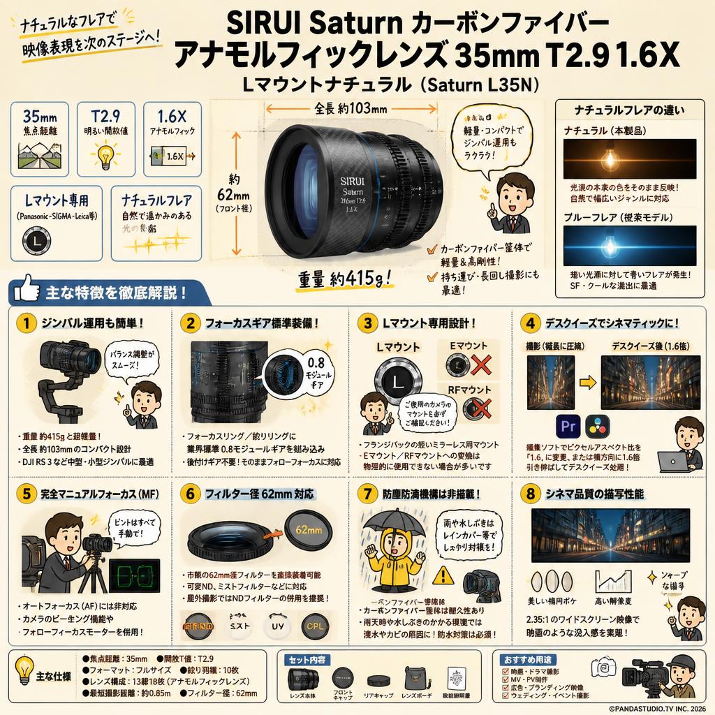 SIRUI Saturn カーボンファイバー アナモルフィックレンズ 35mm T2.9 1.6X  Lマウントナチュラル  ( Saturn L35N ) FAQ（よくある質問と答え）
