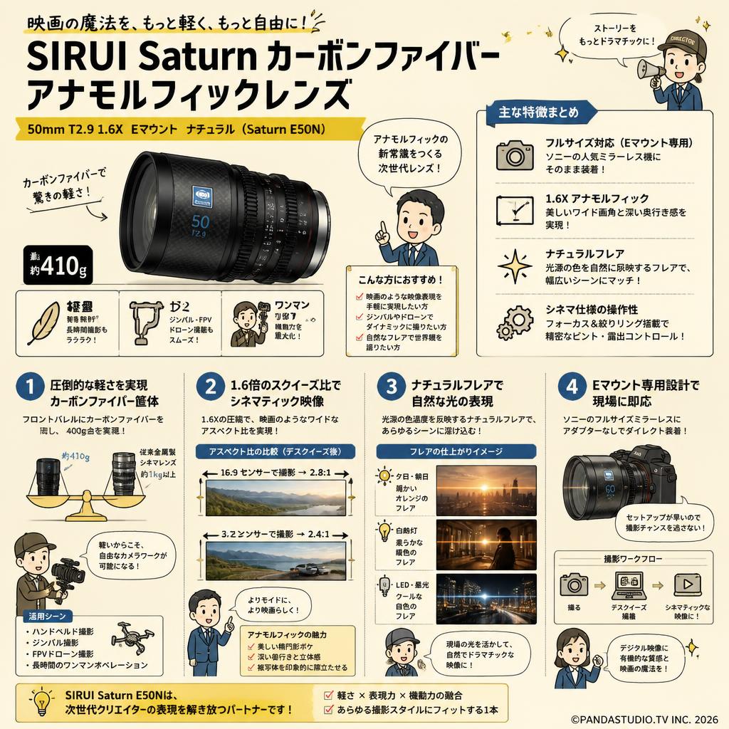 SIRUI Saturn カーボンファイバー アナモルフィックレンズ 50mm T2.9 1.6X  Eマウント ナチュラル ( Saturn E50N ) 概要