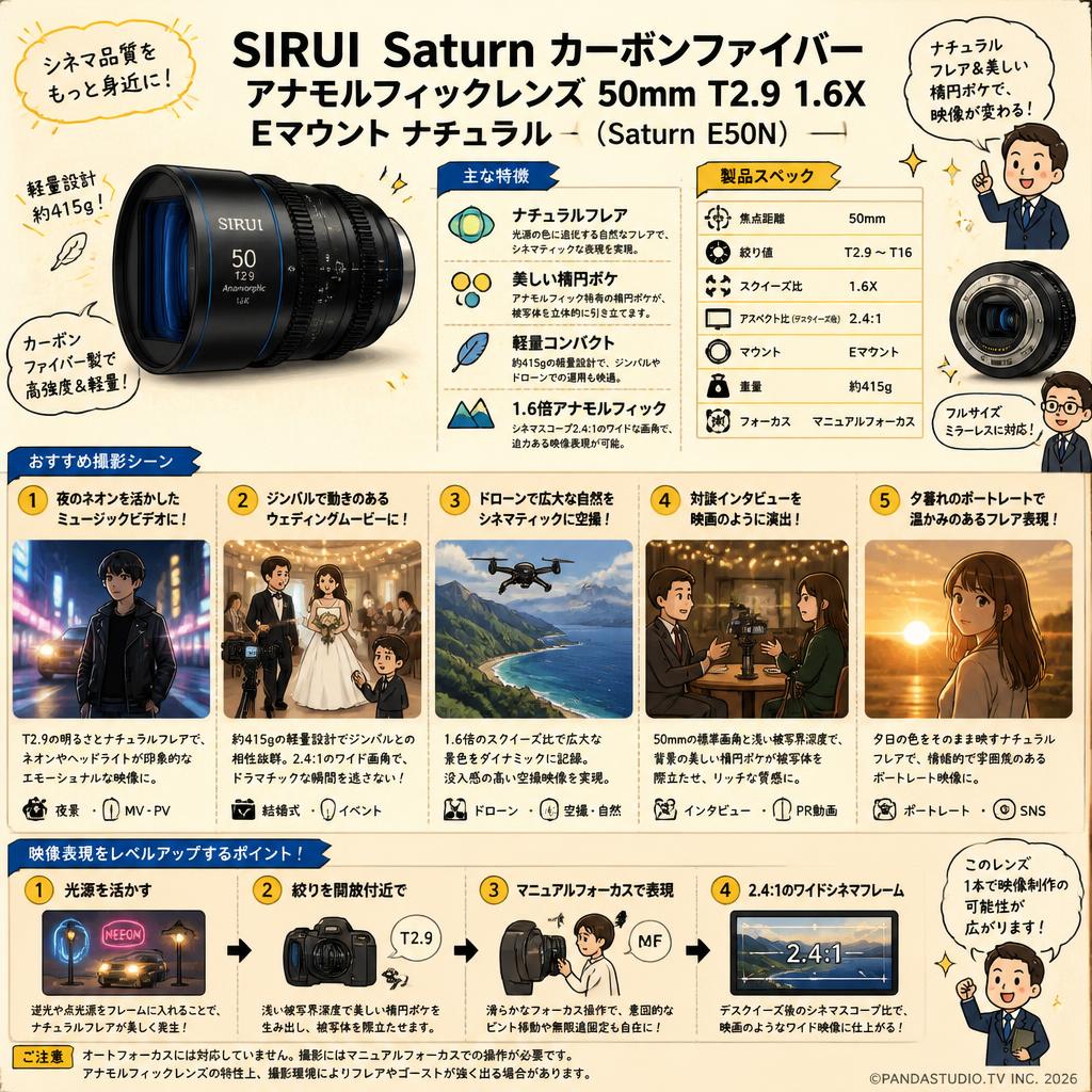 SIRUI Saturn カーボンファイバー アナモルフィックレンズ 50mm T2.9 1.6X  Eマウント ナチュラル ( Saturn E50N ) 用途
