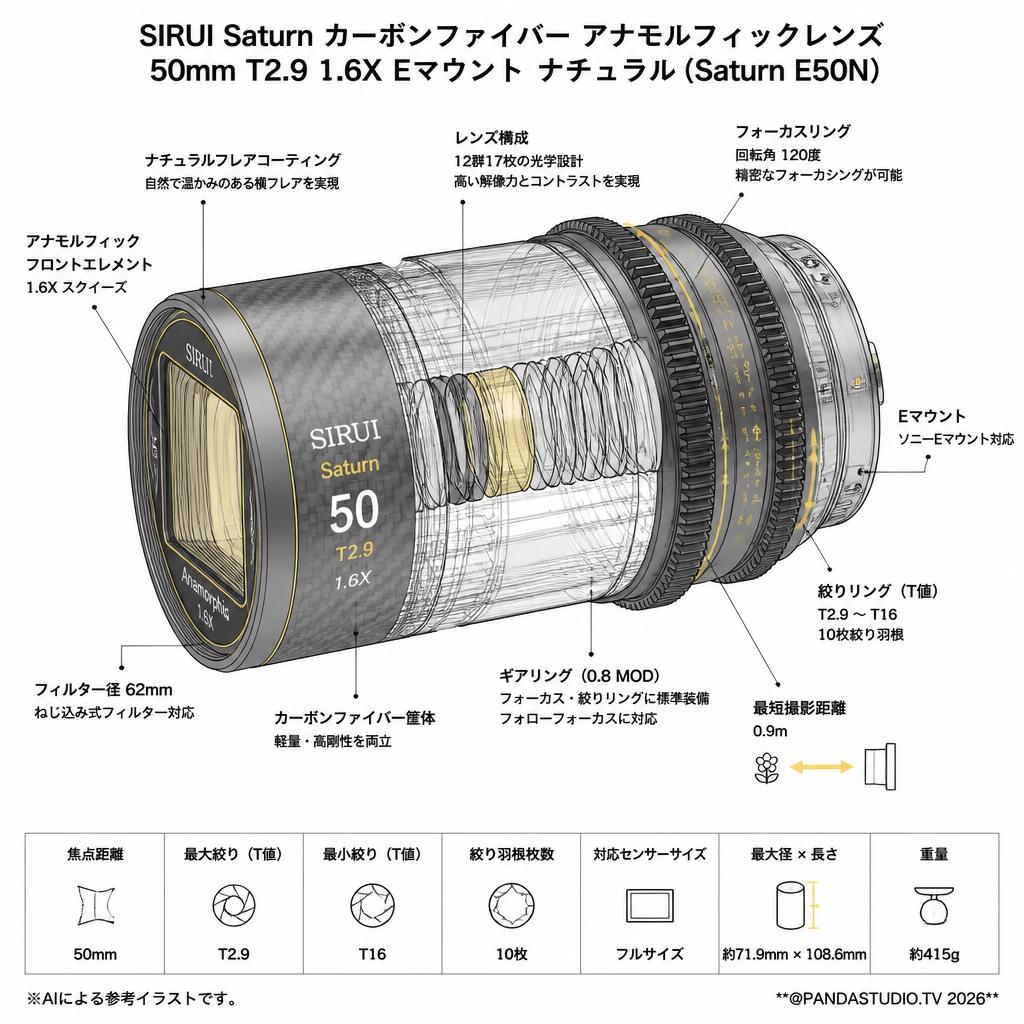 SIRUI Saturn カーボンファイバー アナモルフィックレンズ 50mm T2.9 1.6X  Eマウント ナチュラル ( Saturn E50N ) スペック