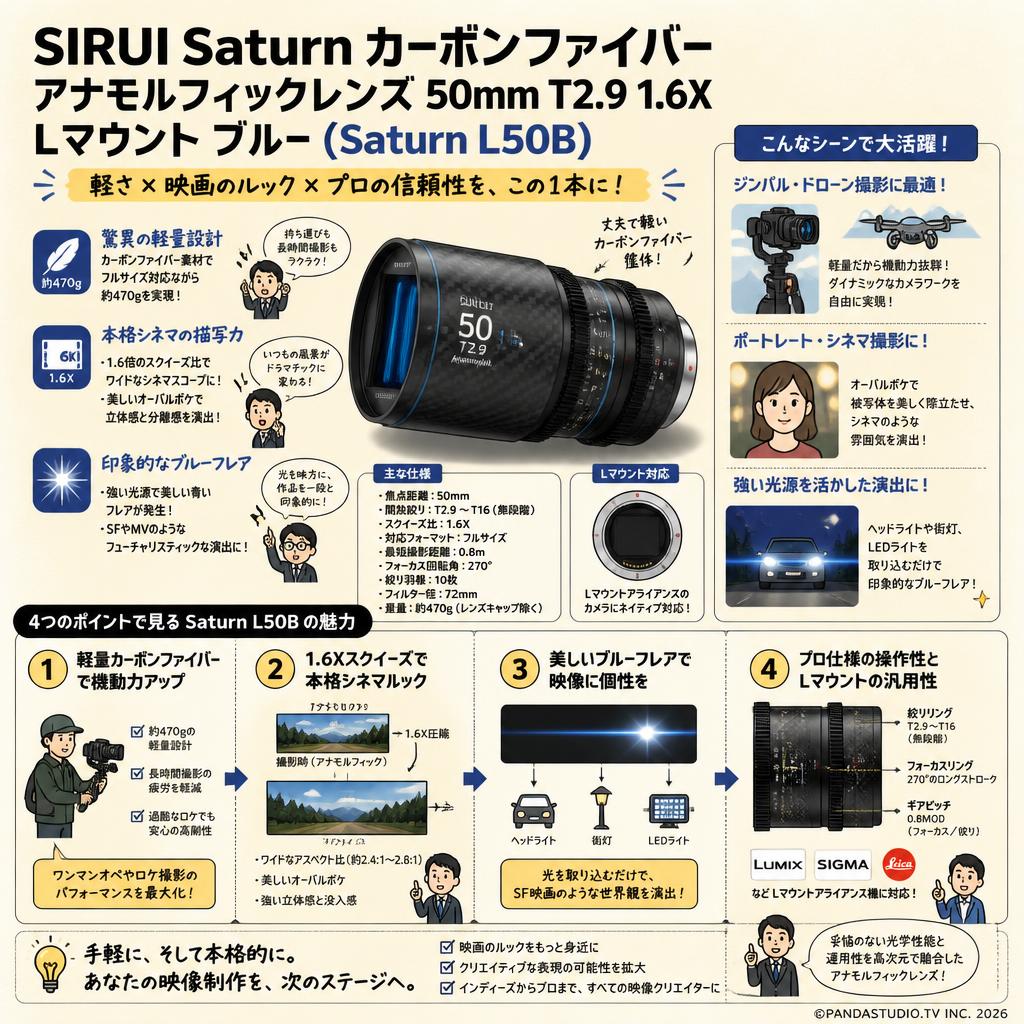 SIRUI Saturn カーボンファイバー アナモルフィックレンズ 50mm T2.9 1.6X  Lマウント ブルー ( Saturn L50B ) 概要