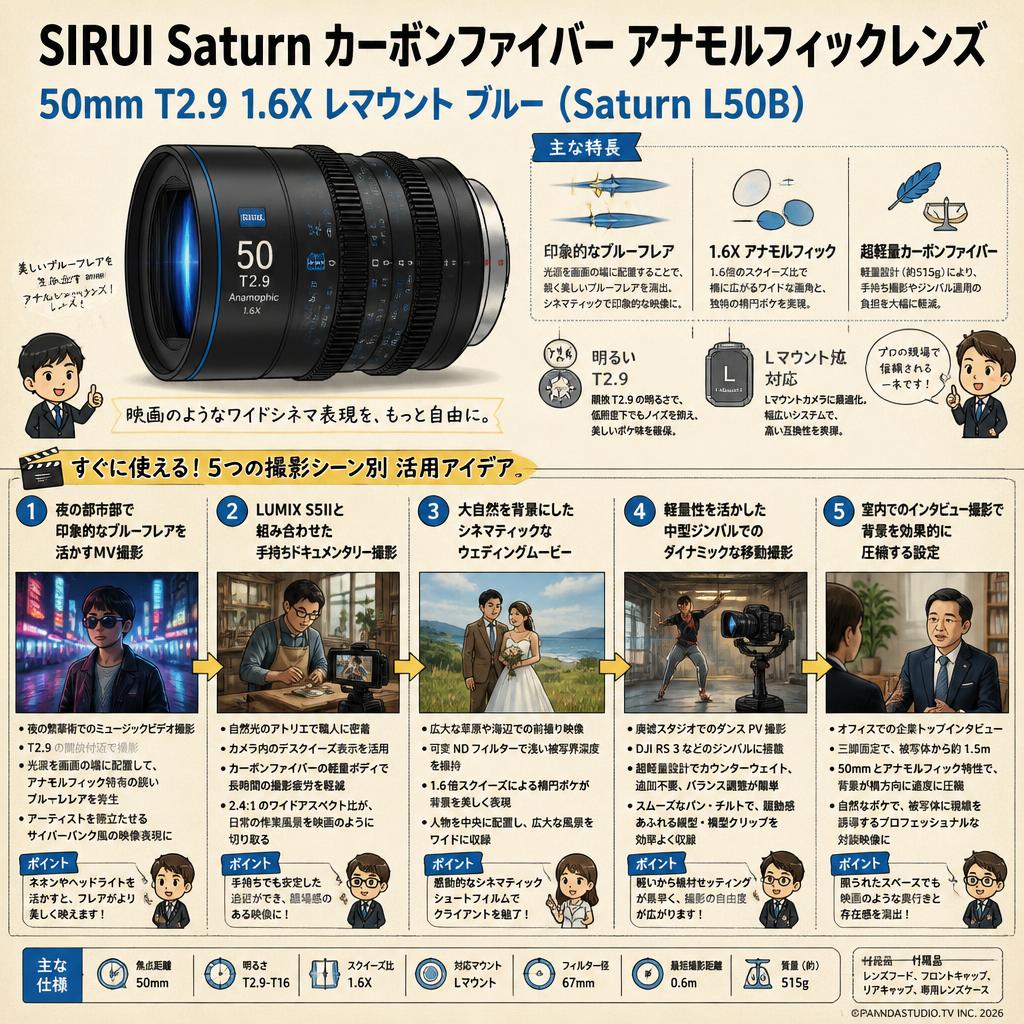SIRUI Saturn カーボンファイバー アナモルフィックレンズ 50mm T2.9 1.6X  Lマウント ブルー ( Saturn L50B ) 用途