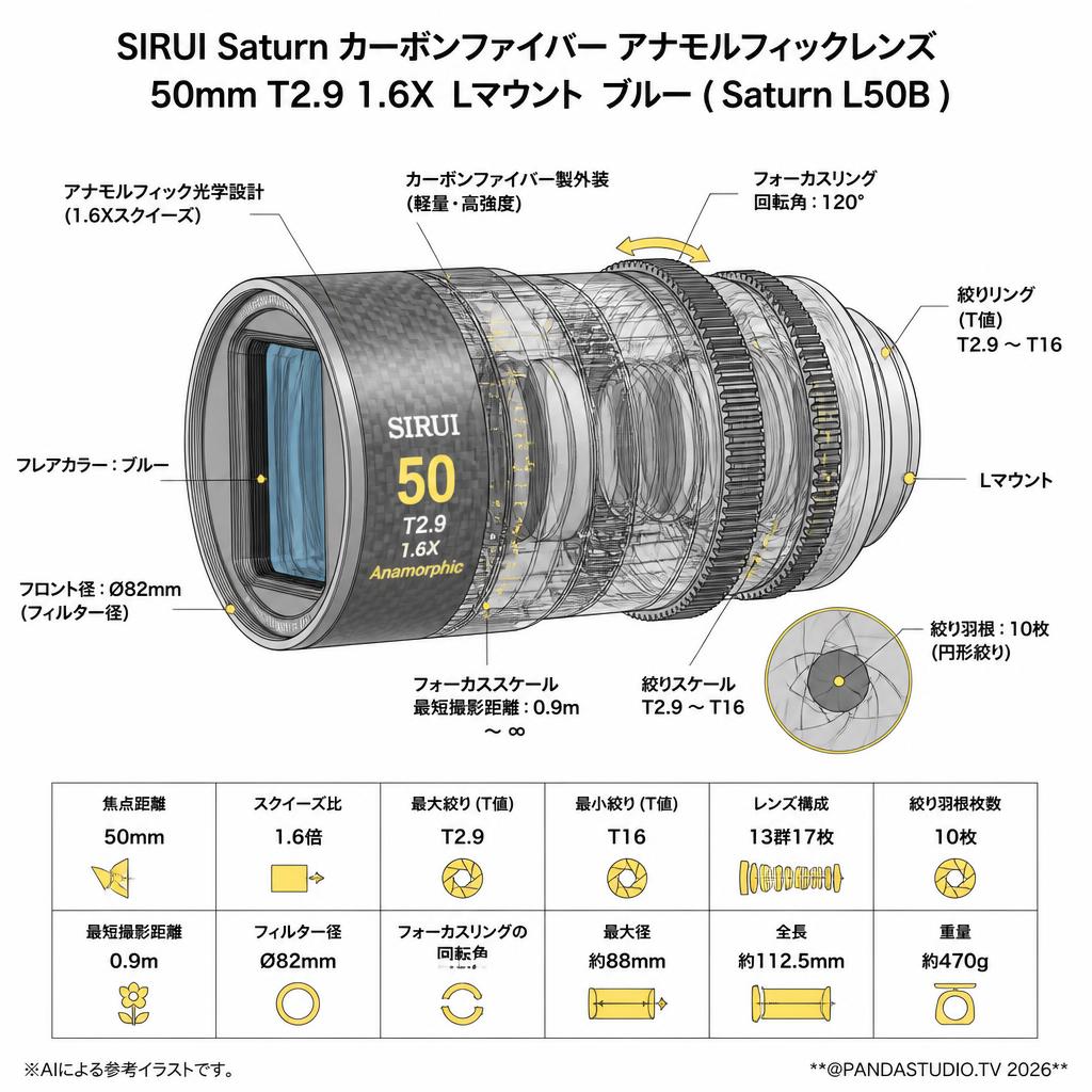 SIRUI Saturn カーボンファイバー アナモルフィックレンズ 50mm T2.9 1.6X  Lマウント ブルー ( Saturn L50B ) スペック