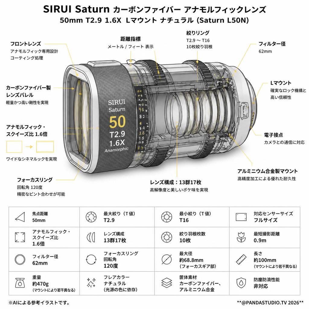 SIRUI Saturn カーボンファイバー アナモルフィックレンズ 50mm T2.9 1.6X  Lマウント ナチュラル ( Saturn L50N) スペック