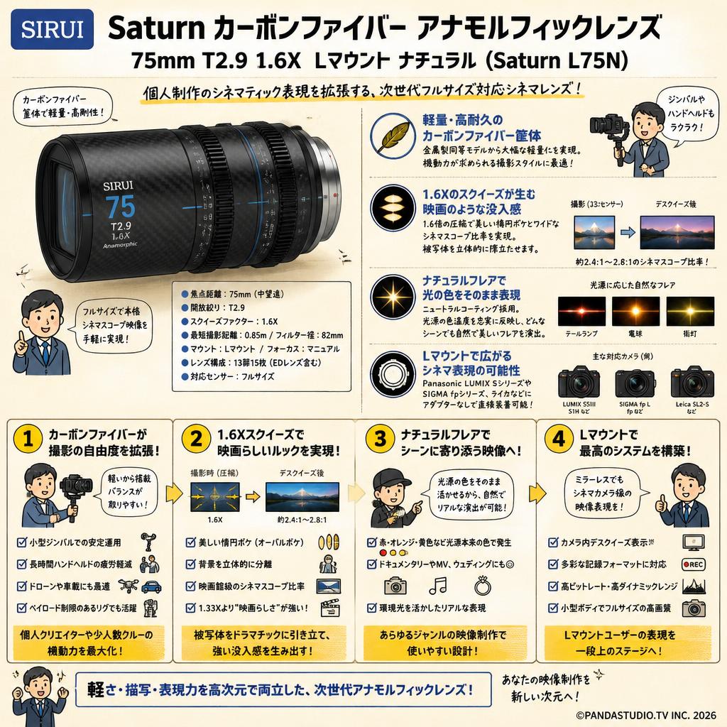 SIRUI Saturn カーボンファイバー アナモルフィックレンズ 75mm T2.9 1.6X  Lマウント ナチュラル ( Saturn L75N) 概要