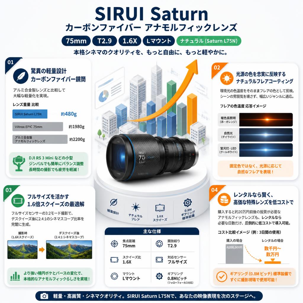 SIRUI Saturn カーボンファイバー アナモルフィックレンズ 75mm T2.9 1.6X  Lマウント ナチュラル ( Saturn L75N) セールスポイント