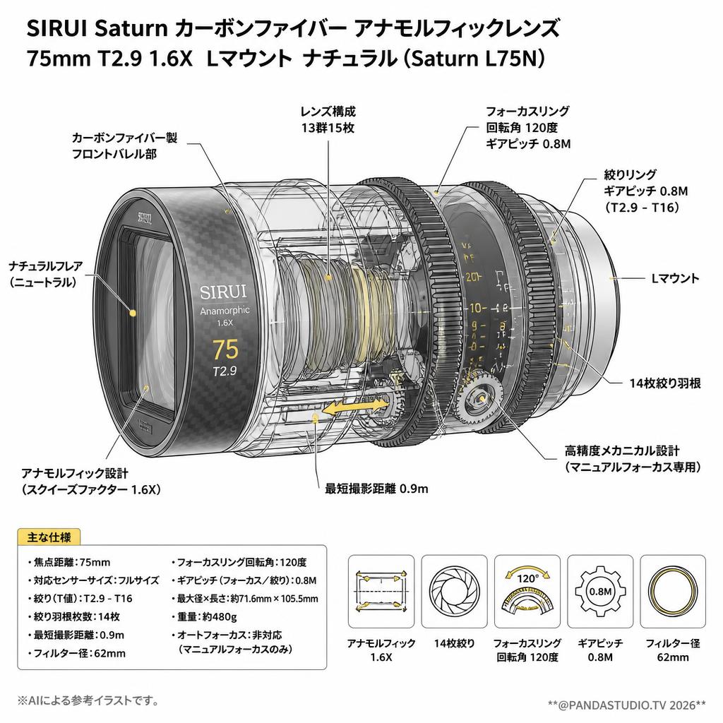 SIRUI Saturn カーボンファイバー アナモルフィックレンズ 75mm T2.9 1.6X  Lマウント ナチュラル ( Saturn L75N) スペック