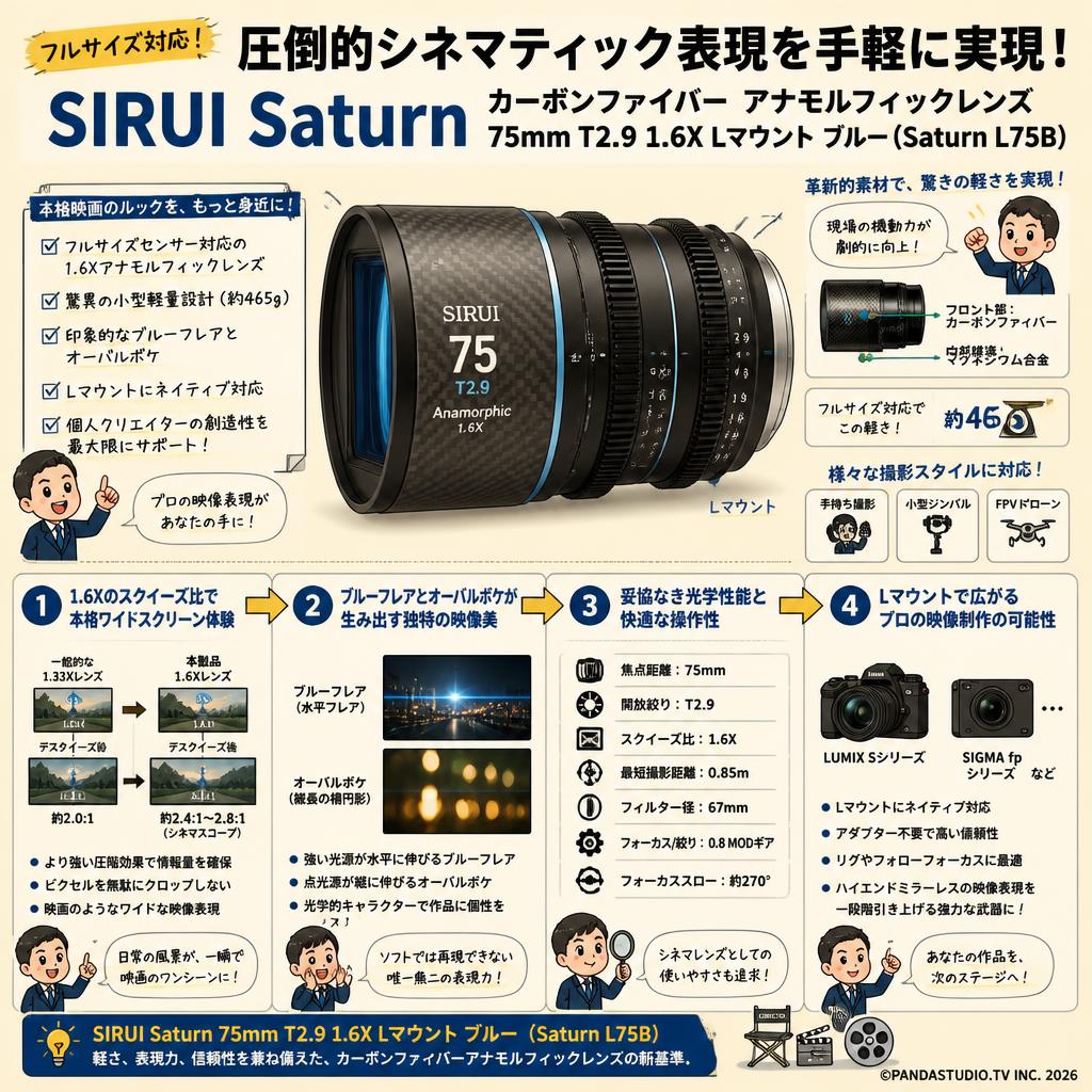 SIRUI Saturn カーボンファイバー アナモルフィックレンズ 75mm T2.9 1.6X  Lマウント ブルー ( Saturn L75B) 概要