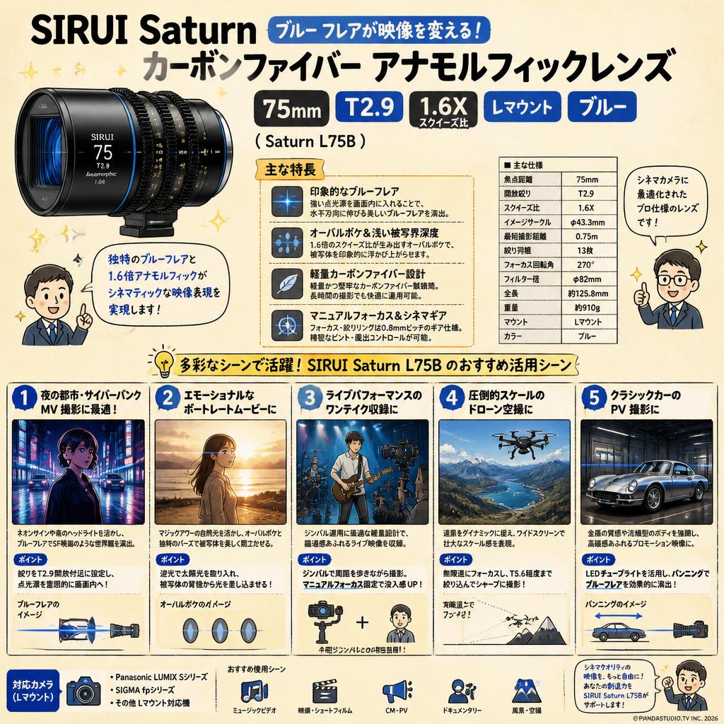 SIRUI Saturn カーボンファイバー アナモルフィックレンズ 75mm T2.9 1.6X  Lマウント ブルー ( Saturn L75B) 用途