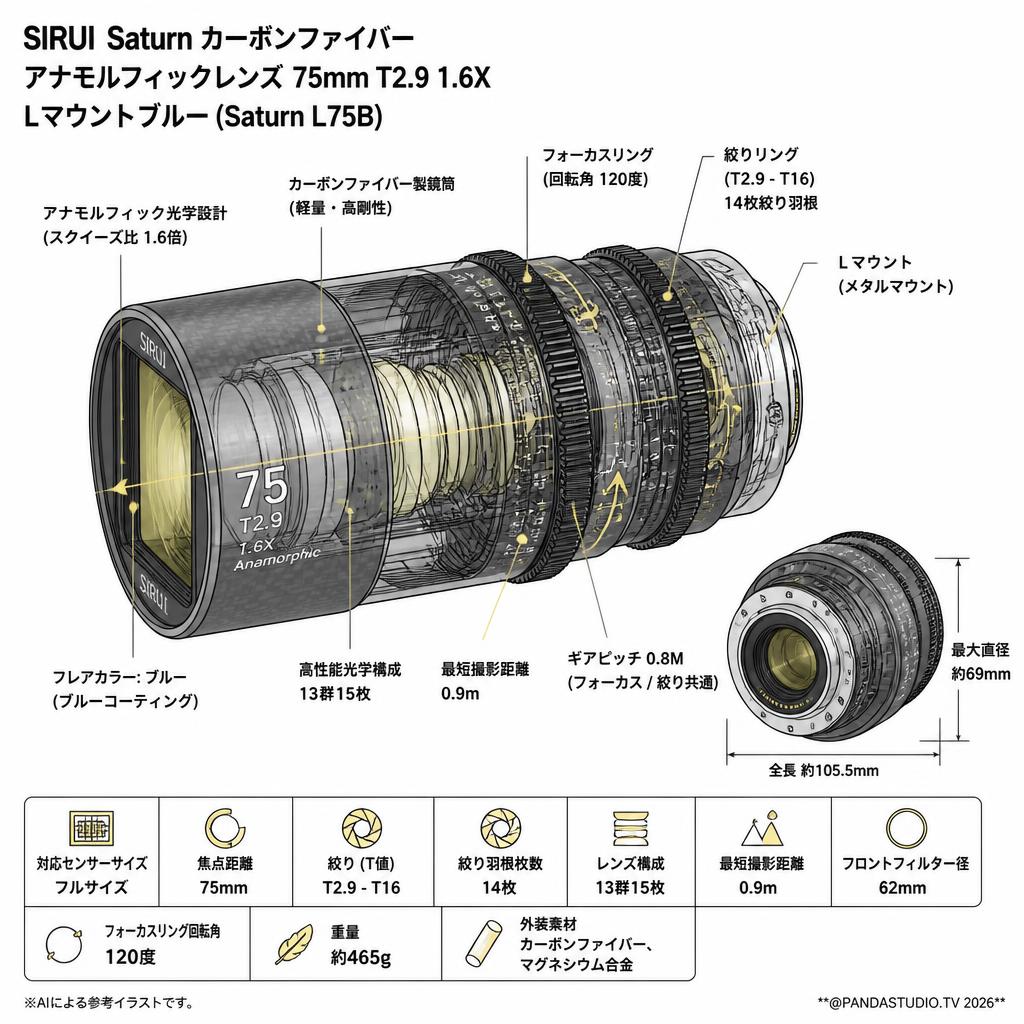 SIRUI Saturn カーボンファイバー アナモルフィックレンズ 75mm T2.9 1.6X  Lマウント ブルー ( Saturn L75B) スペック