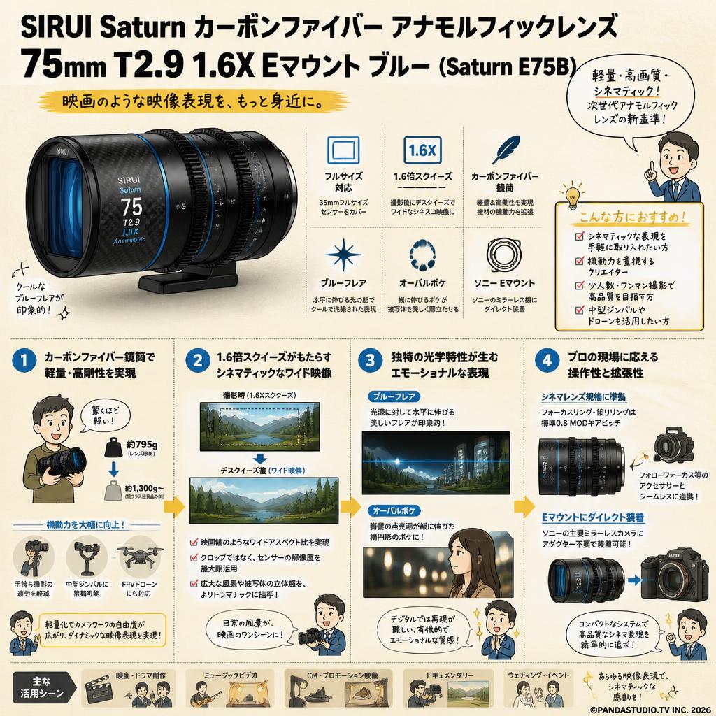 SIRUI Saturn カーボンファイバー アナモルフィックレンズ 75mm T2.9 1.6X Eマウント ブルー ( Saturn E75B) 概要
